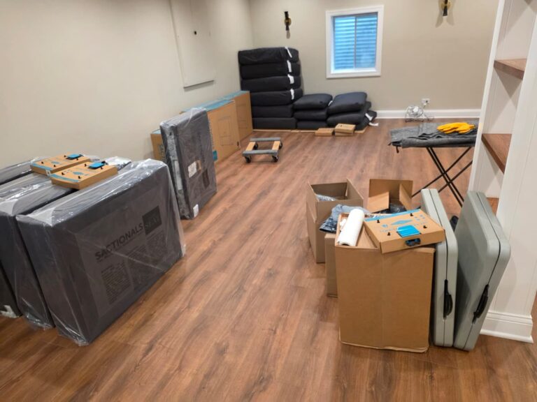 Basement full of Lovesac boxes before assembly