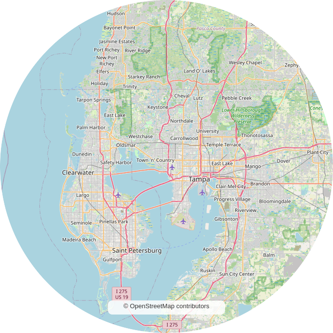 Map of the Tampa Bay service area: Tampa, St. Petersburg, Clearwater, Brandon and surrounding communities